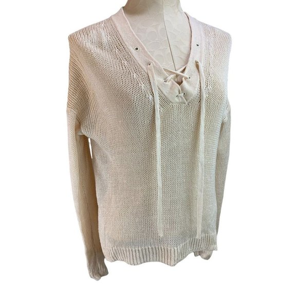 J.Crew Sweaters - Small J.Crew Women's Loose Knit Linen Sweater Lace Up Neckline Ivory